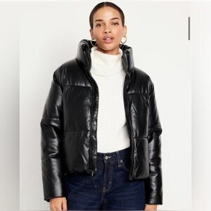 Mock-Neck Faux-Leather Puffer Jacket